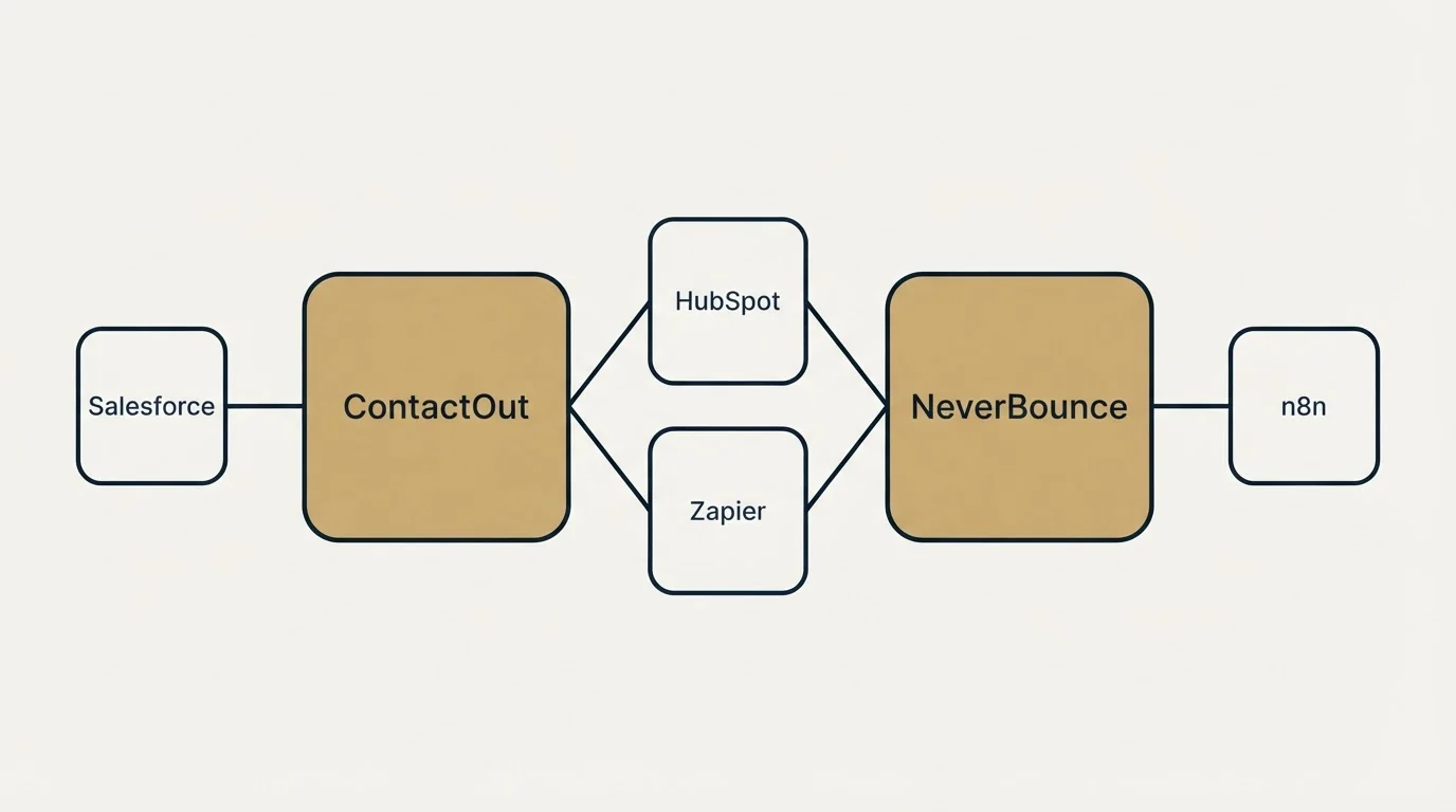 Integration schematic: Integration Ecosystem (ContactOut, NeverBounce, HubSpot, Zapier)