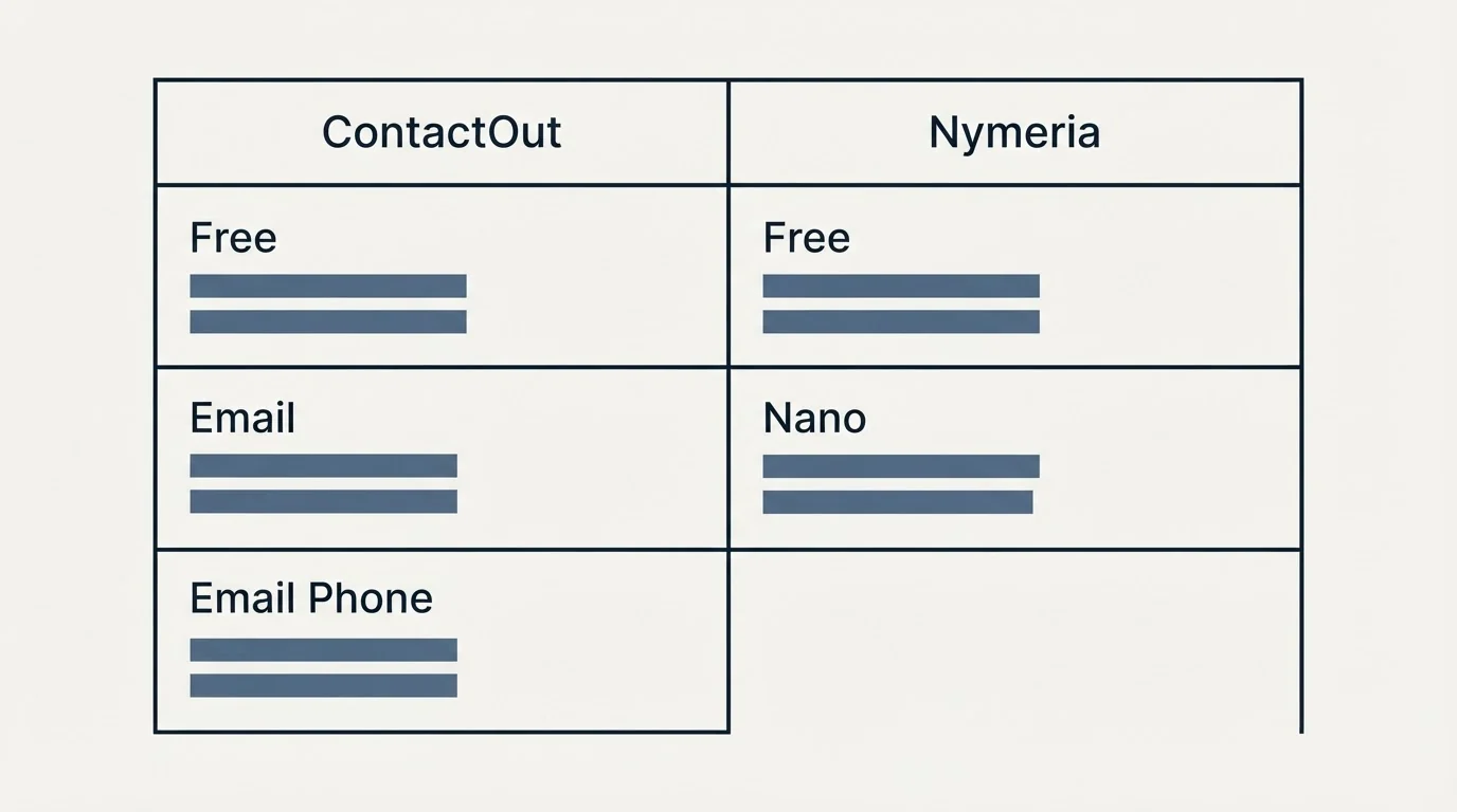 Pricing table: Pricing Comparison (ContactOut, Nymeria, Free, Email)