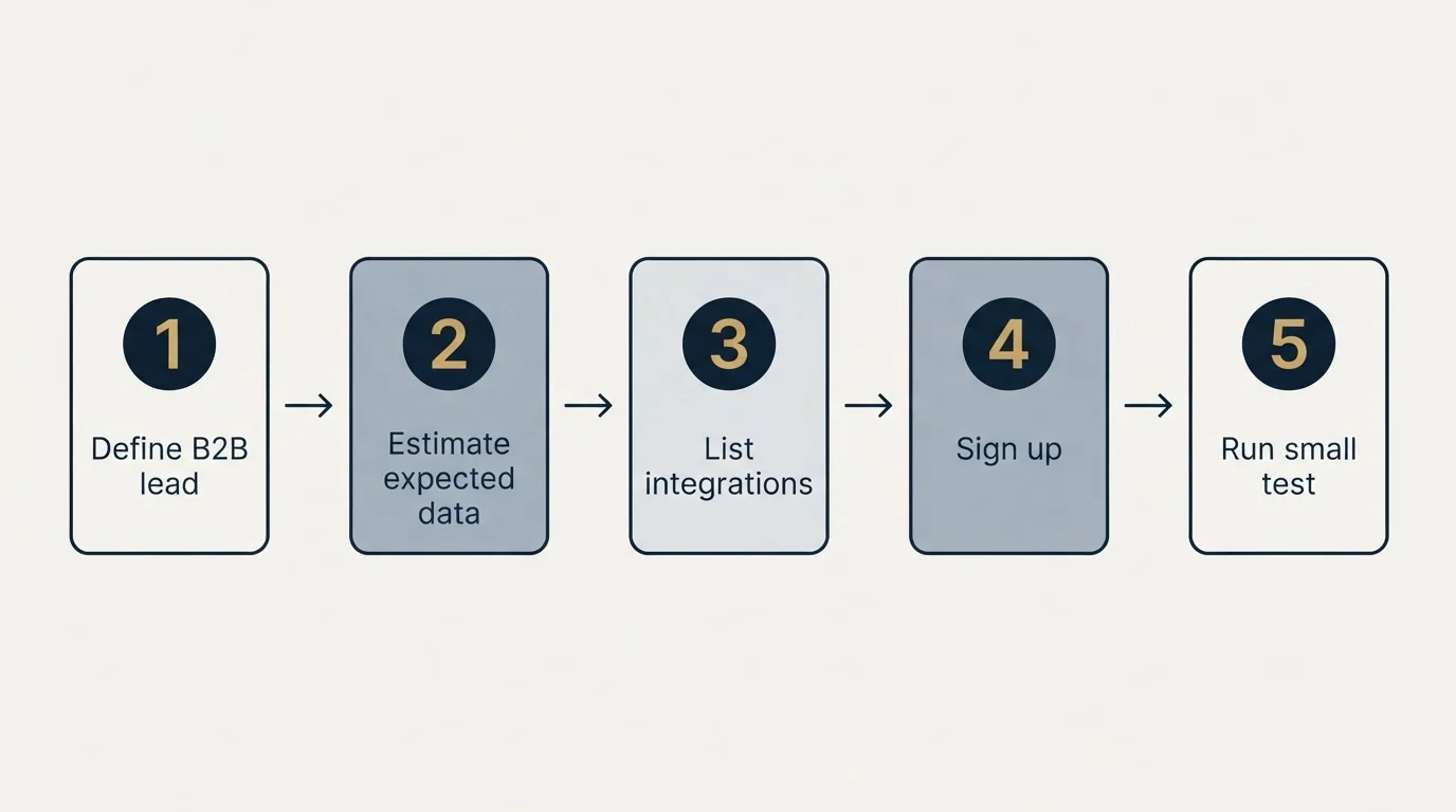 Step sequence: Getting Started Checklist (Define B2B lead, Estimate expected data, List integrations, Sign up)