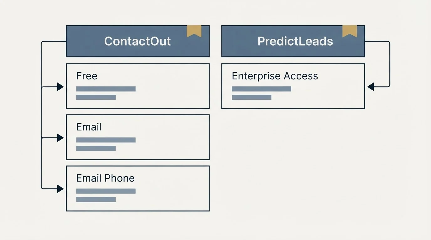 Pricing table: Pricing Comparison (ContactOut, PredictLeads, Free, Enterprise Access)