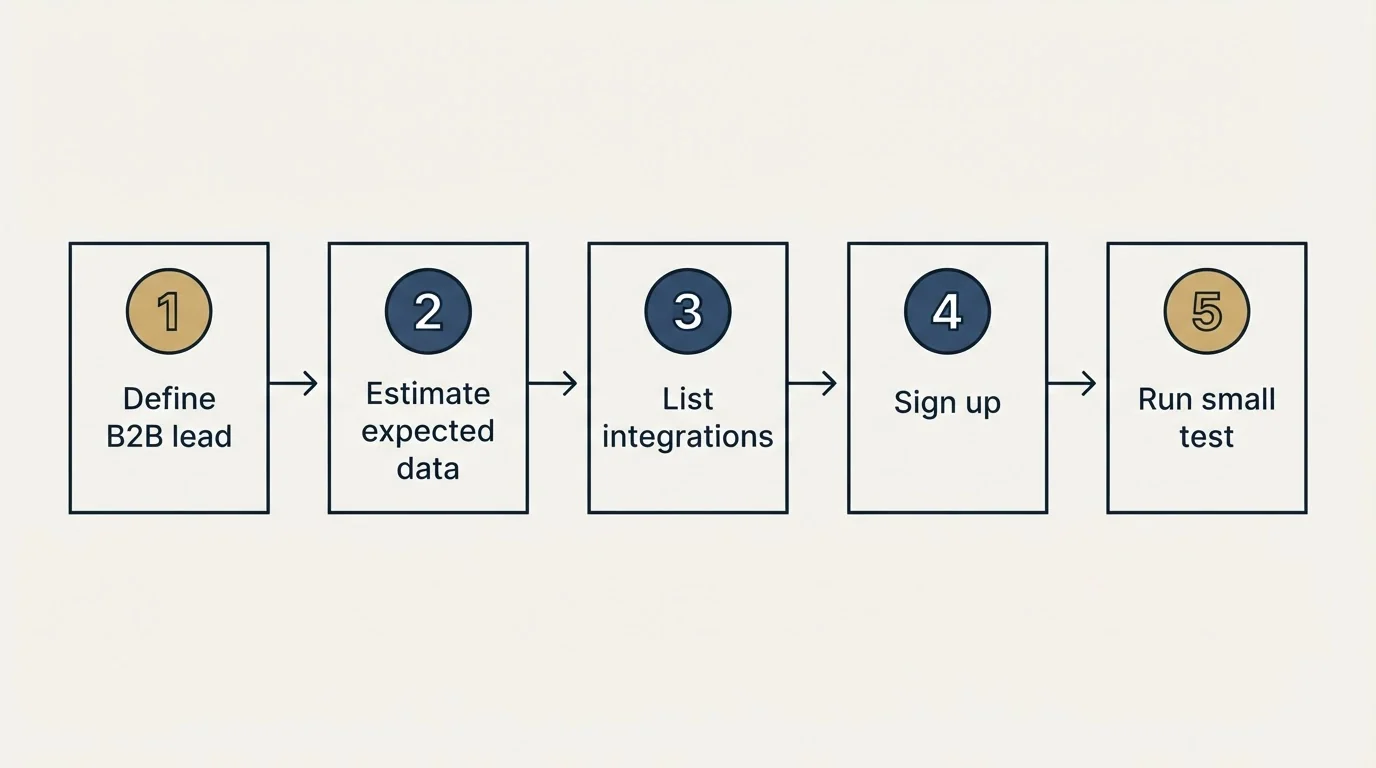 Step sequence: Getting Started Checklist (Define B2B lead, Estimate expected data, List integrations, Sign up)