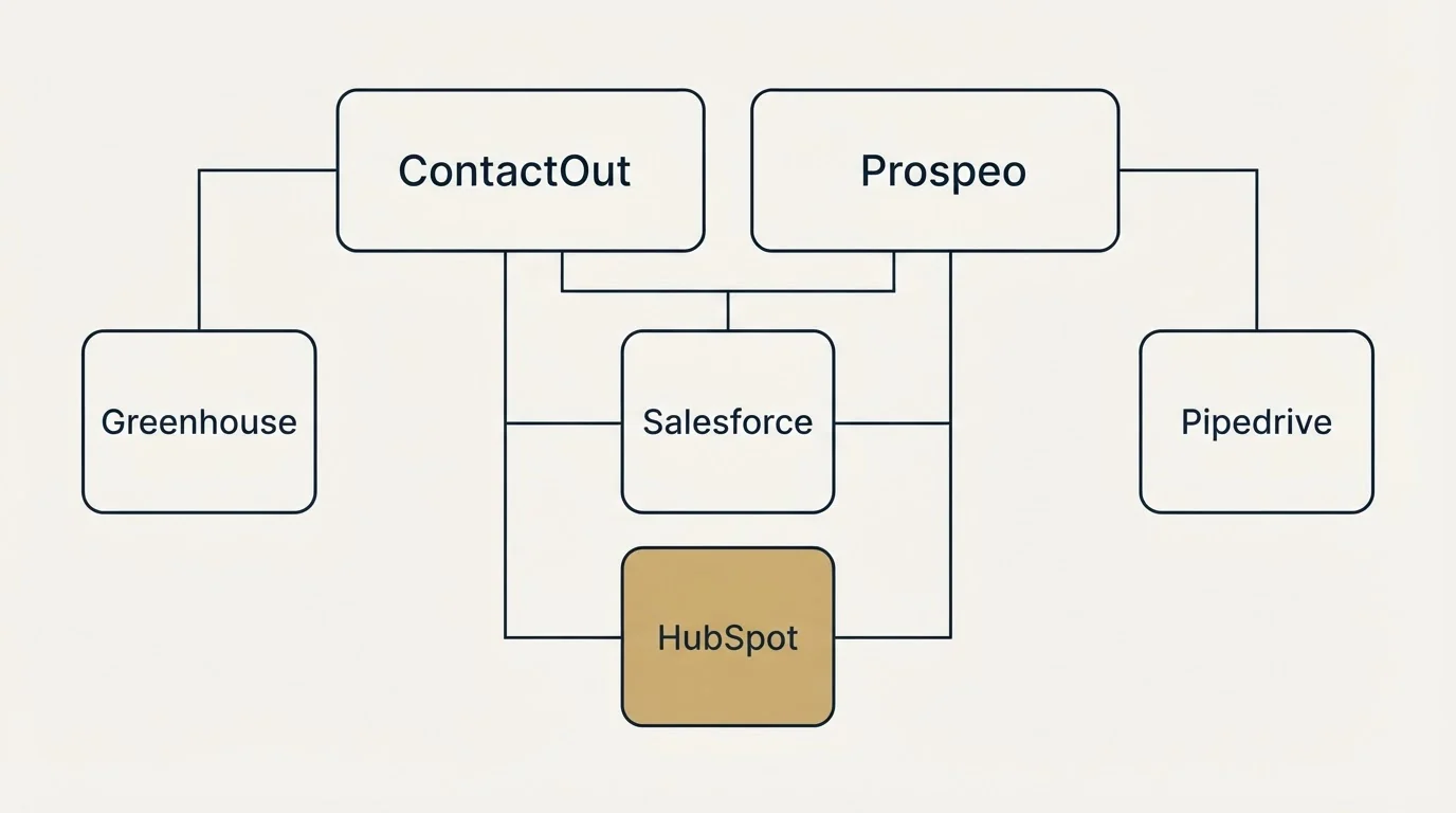 Integration grid: Integration Ecosystem (ContactOut, Prospeo, Salesforce, HubSpot)