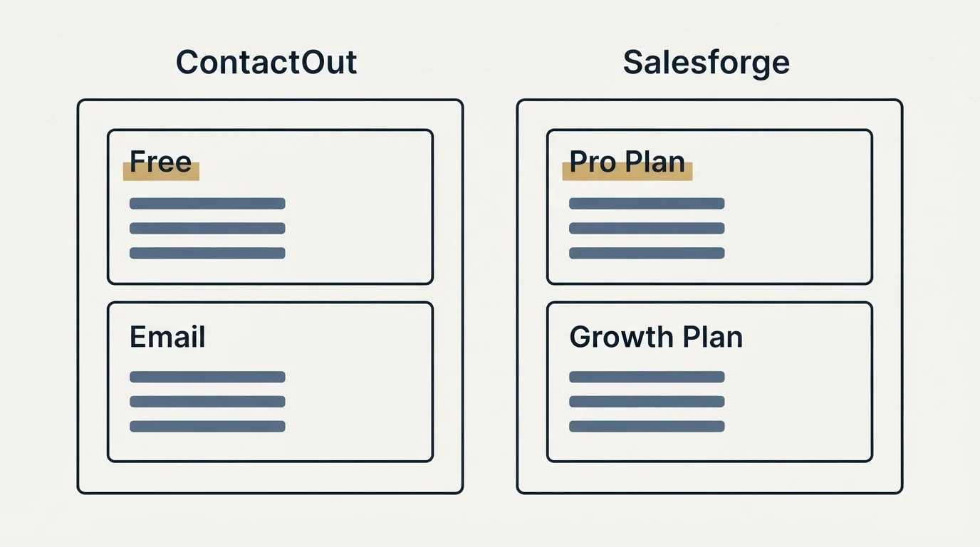 Pricing panels: Pricing Comparison (ContactOut, Salesforge, Free, Pro Plan)