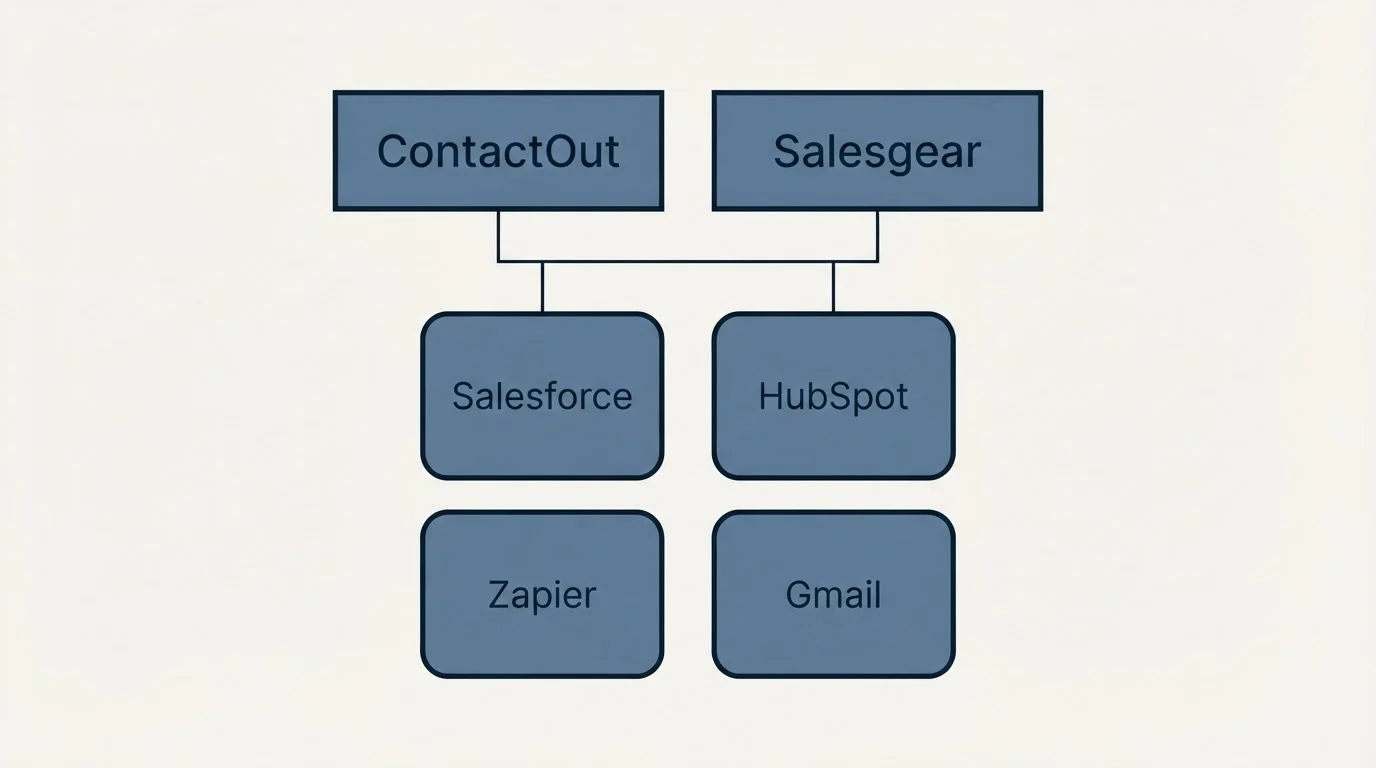 Integration grid: Integration Ecosystem (ContactOut, Salesgear, Salesforce, HubSpot)