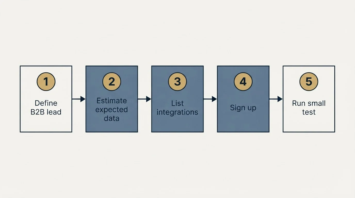 Step sequence: Getting Started Checklist (Define B2B lead, Estimate expected data, List integrations, Sign up)