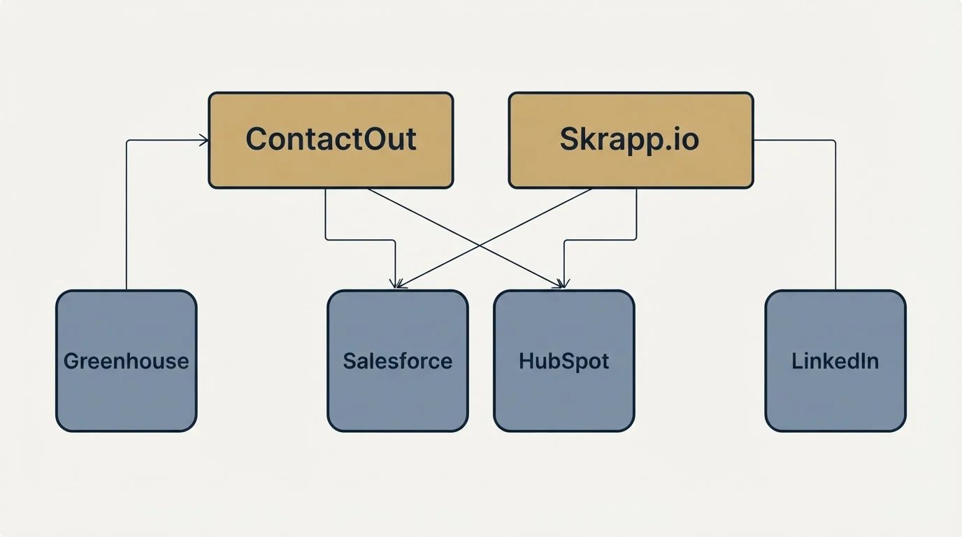 Integration grid: Integration Ecosystem (ContactOut, Skrapp.io, Salesforce, HubSpot)