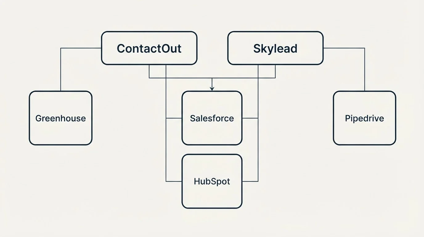 Integration grid: Integration Ecosystem (ContactOut, Skylead, Salesforce, HubSpot)