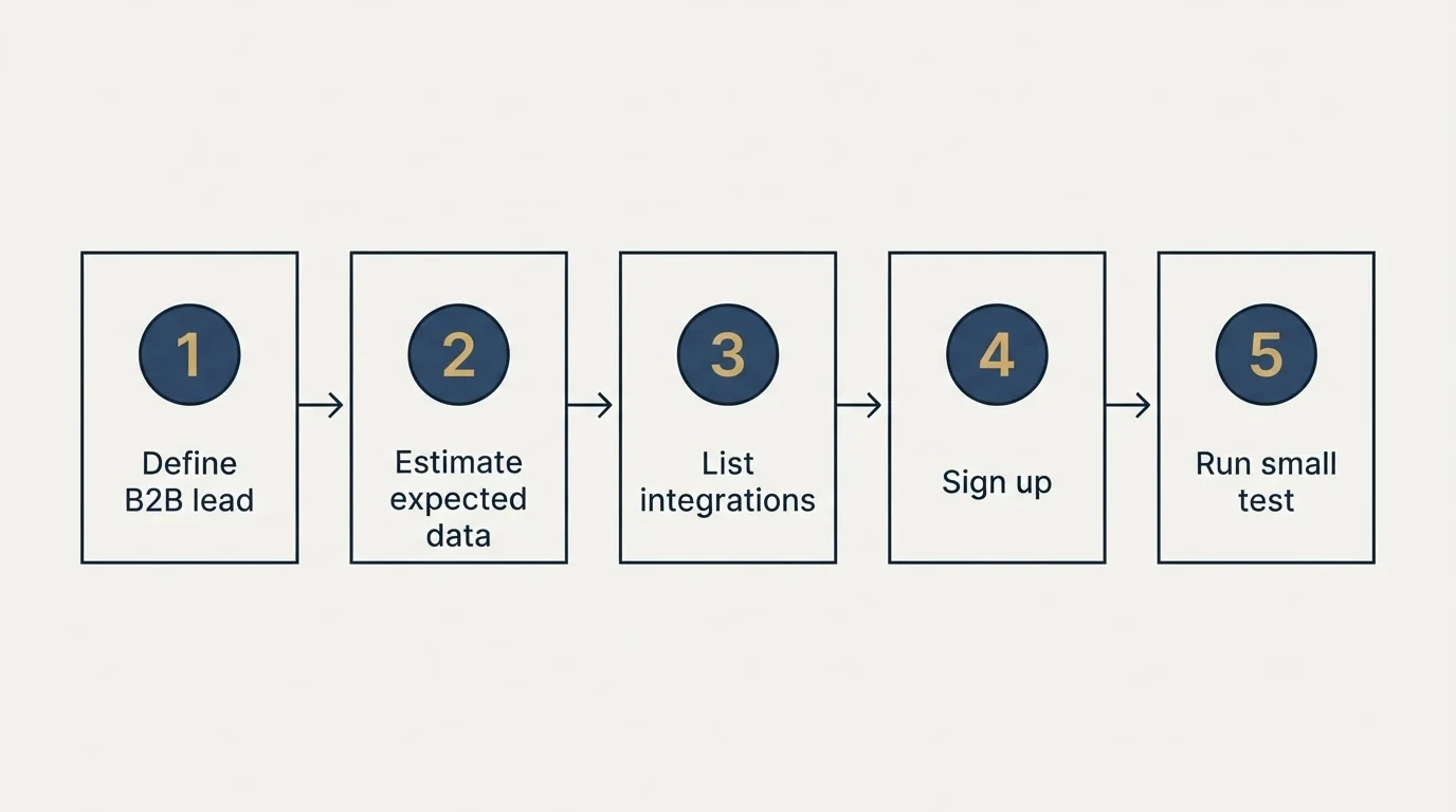 Step sequence: Getting Started Checklist (Define B2B lead, Estimate expected data, List integrations, Sign up)