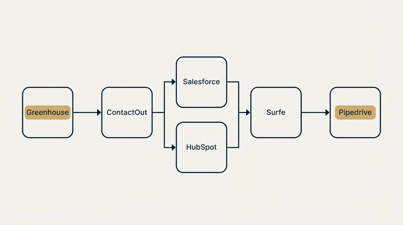 Integration flow: Integration Ecosystem (ContactOut, Surfe, Salesforce, HubSpot)