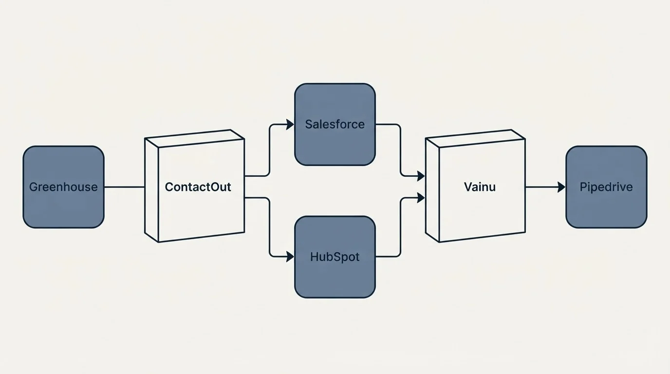 Integration flow: Integration Ecosystem (ContactOut, Vainu, Salesforce, HubSpot)