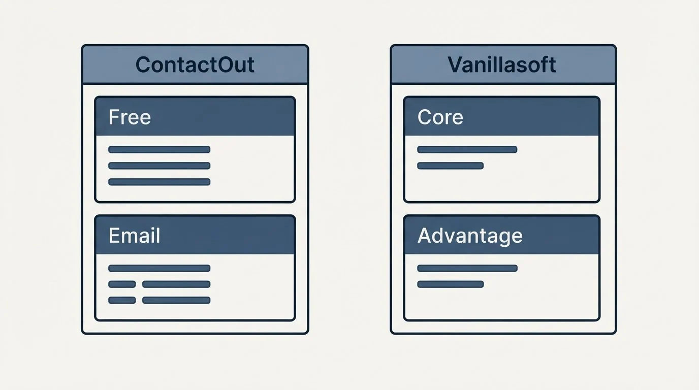 Pricing panels: Pricing Comparison (ContactOut, Vanillasoft, Free, Core)