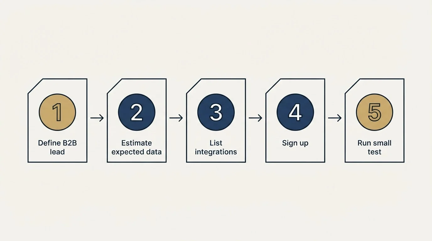 Step sequence: Getting Started Checklist (Define B2B lead, Estimate expected data, List integrations, Sign up)