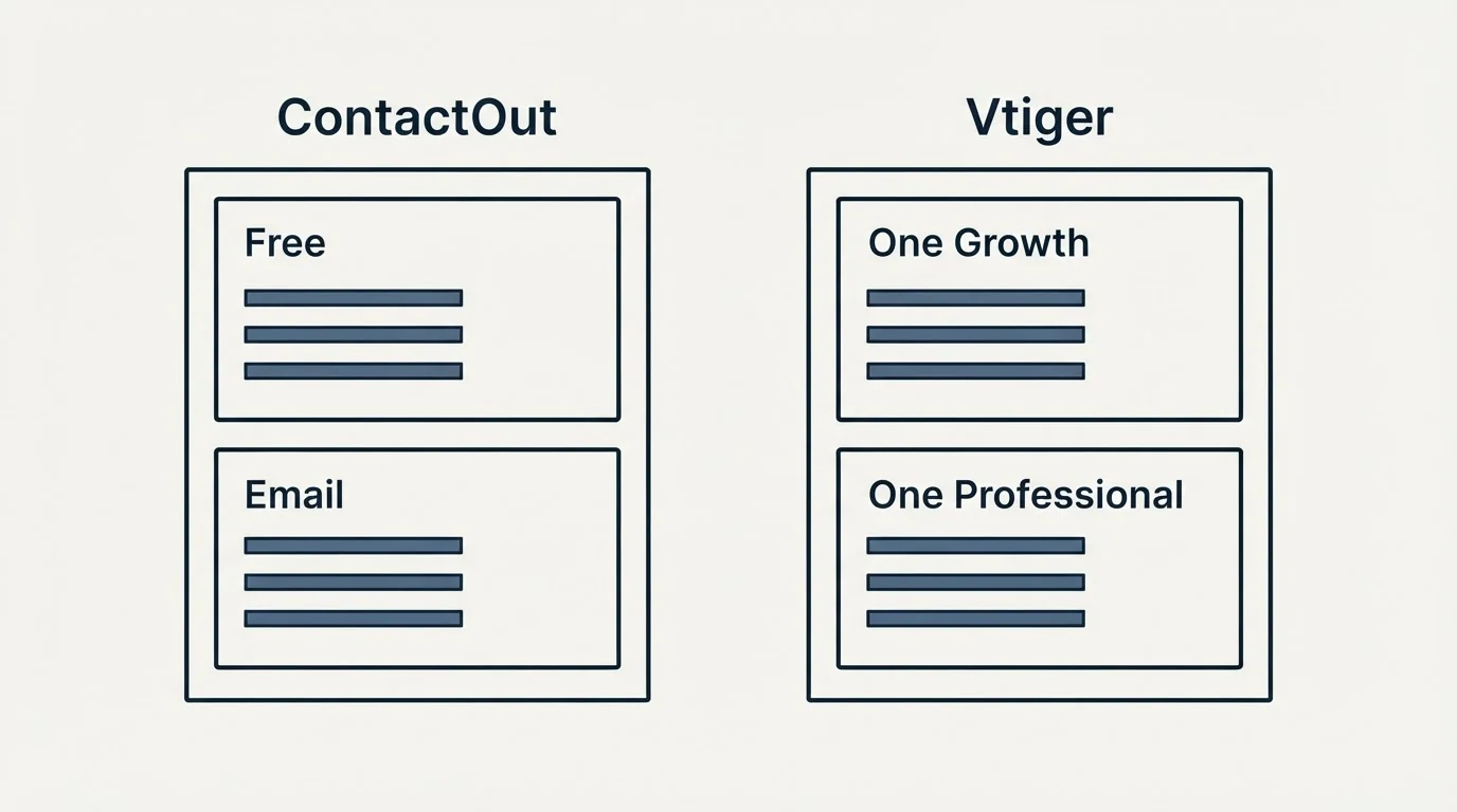 Pricing panels: Pricing Comparison (ContactOut, Vtiger, Free, One Growth)