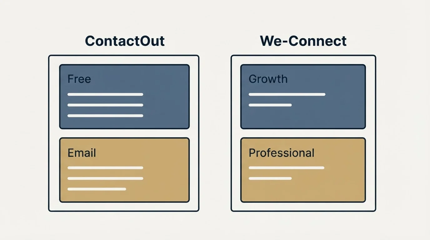 Pricing panels: Pricing Comparison (ContactOut, We-Connect, Free, Growth)