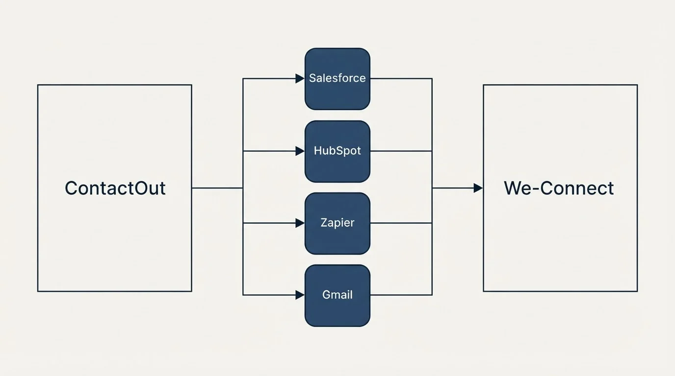 Integration flow: Integration Ecosystem (ContactOut, We-Connect, Salesforce, HubSpot)