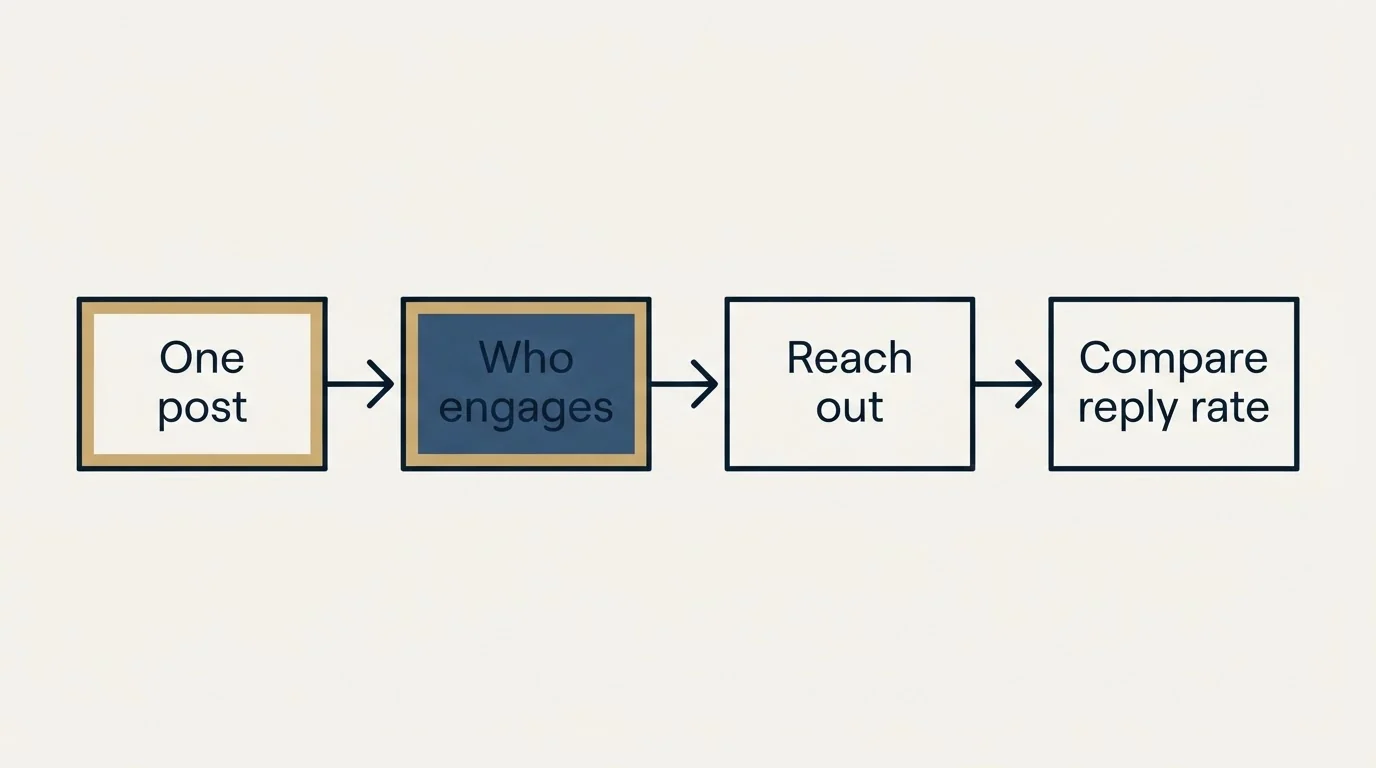Schematic: Where To Start (One post, Who engages, Reach out, Compare reply rate)