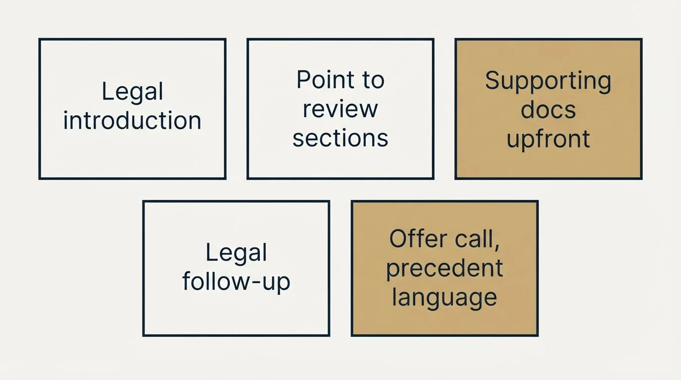 Schematic: Legal Team Coordination Templates (Legal introduction, Point to review sections, Supporting docs upfront, Legal follow-up)