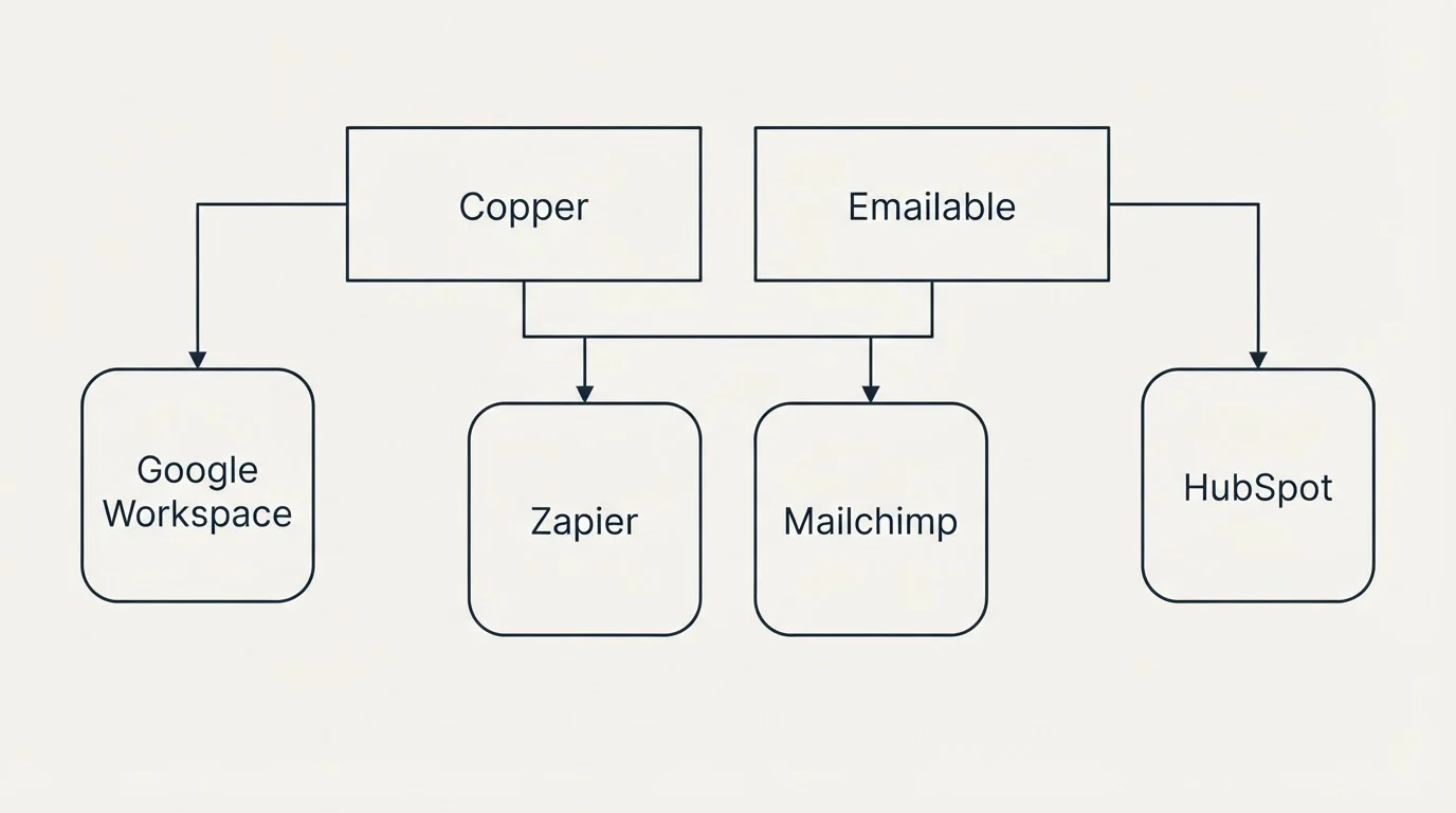 Integration grid: Integration Ecosystem (Copper, Emailable, Zapier, Mailchimp)
