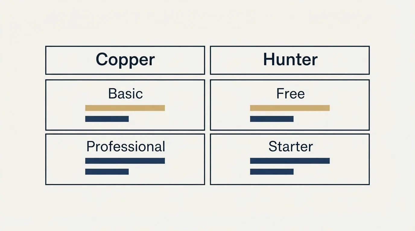 Pricing table: Pricing Comparison (Copper, Hunter, Basic, Free)