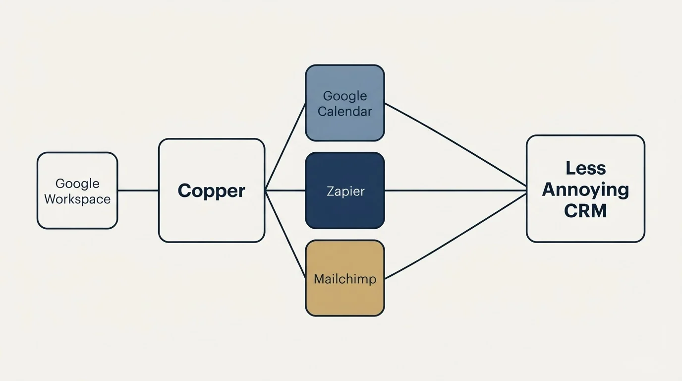 Integration schematic: Integration Ecosystem (Copper, Less Annoying CRM, Google Calendar, Zapier)