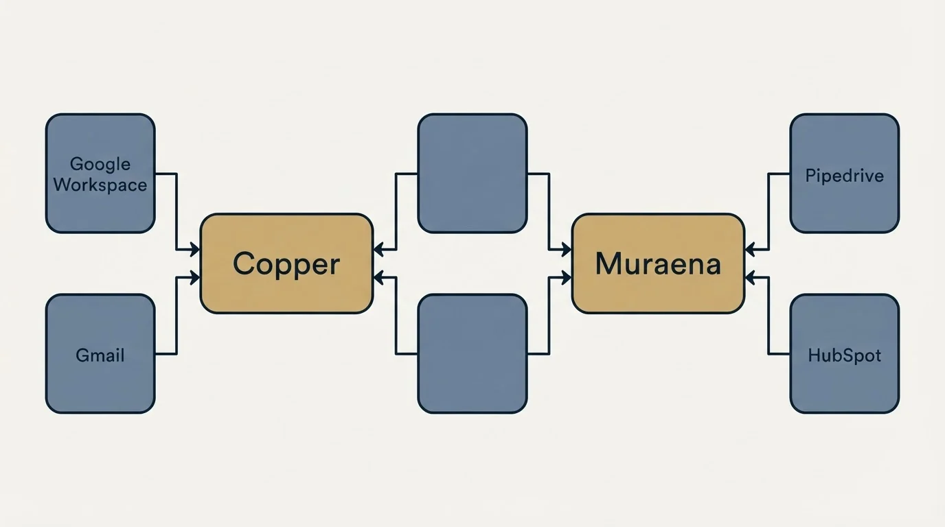 Integration flow: Integration Ecosystem (Copper, Muraena, Google Workspace, Pipedrive)