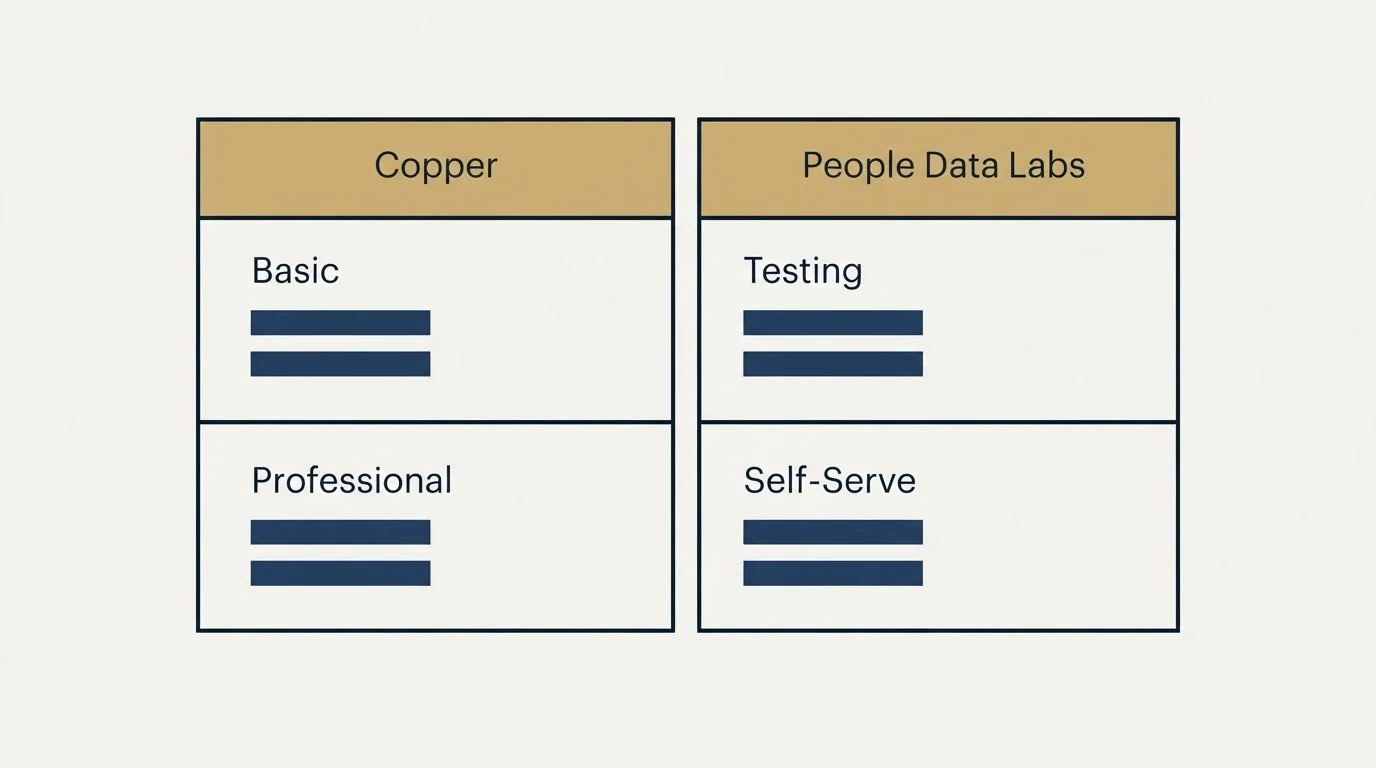 Pricing table: Pricing Comparison (Copper, People Data Labs, Basic, Testing)