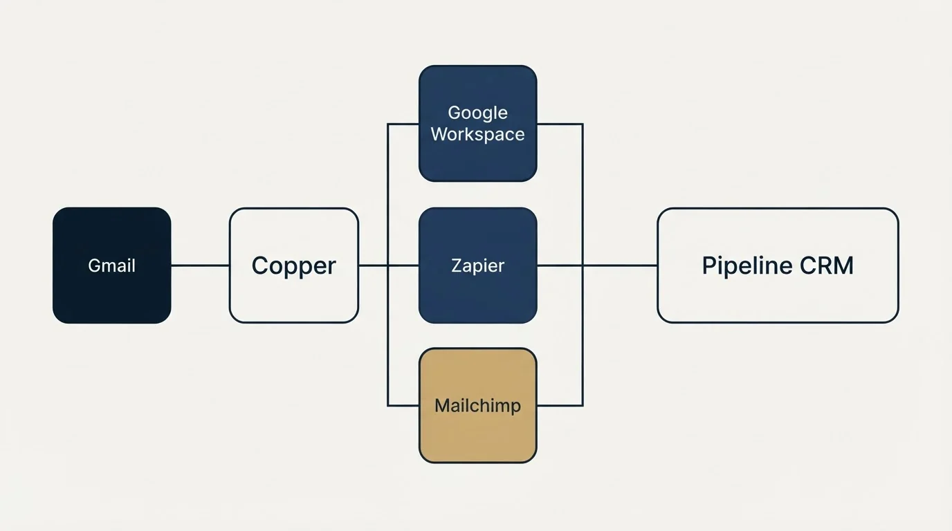 Integration flow: Integration Ecosystem (Copper, Pipeline CRM, Google Workspace, Zapier)