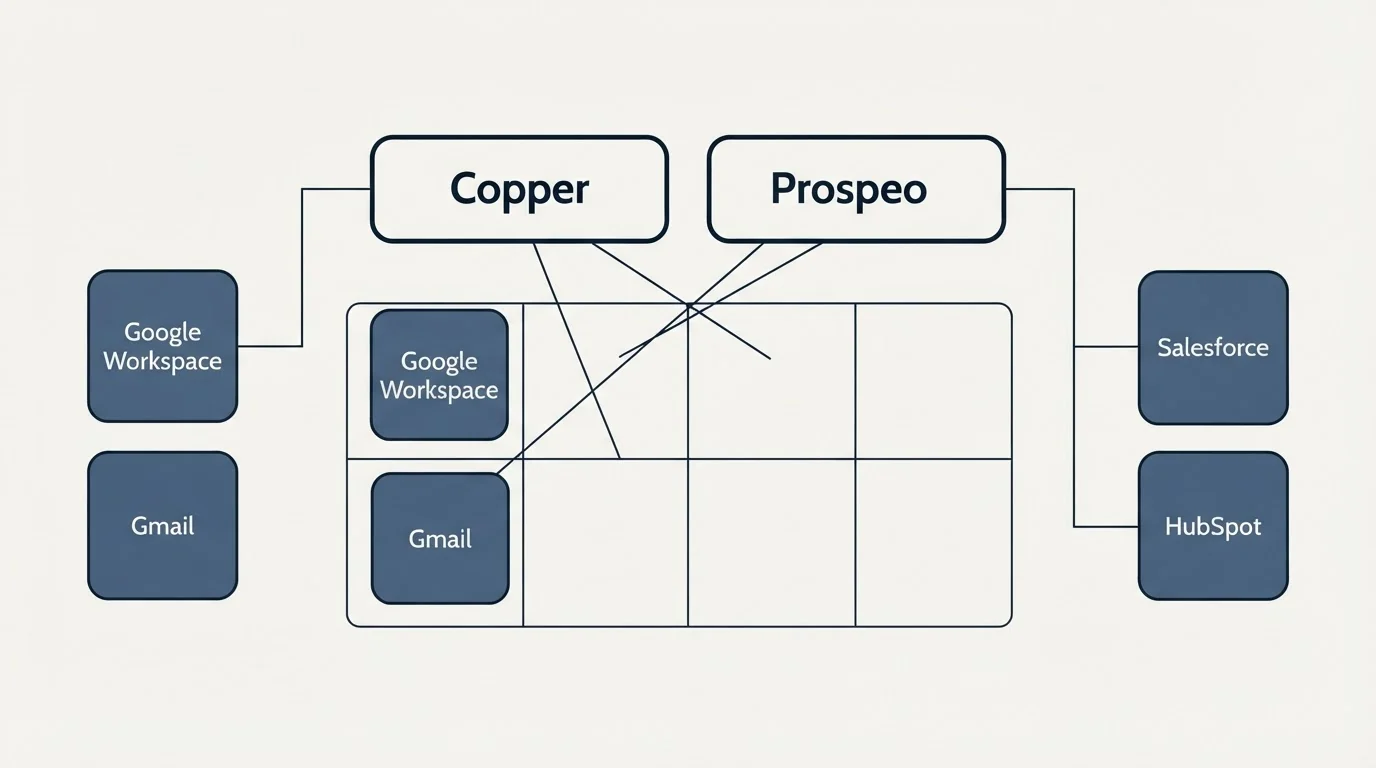 Integration grid: Integration Ecosystem (Copper, Prospeo, Google Workspace, Salesforce)