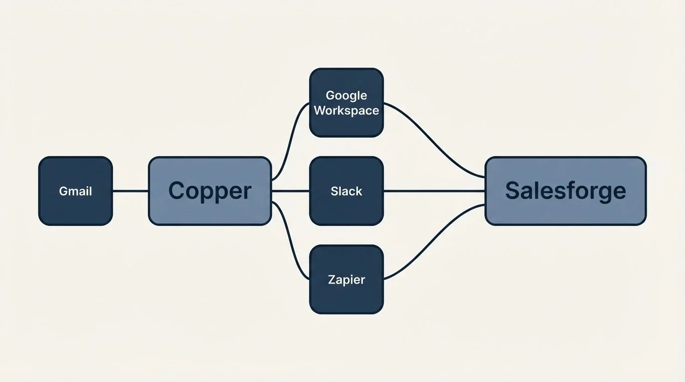Integration schematic: Integration Ecosystem (Copper, Salesforge, Google Workspace, Slack)