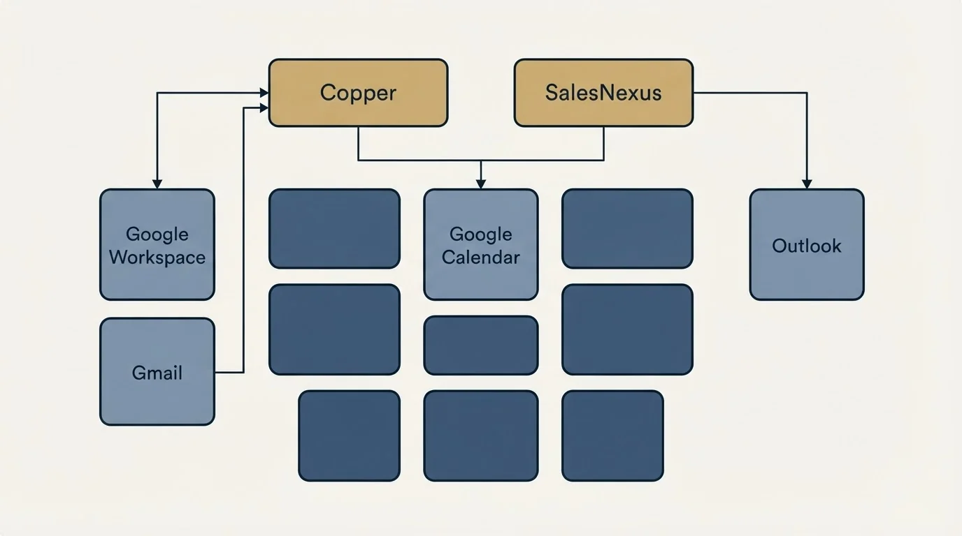Integration grid: Integration Ecosystem (Copper, SalesNexus, Google Calendar, Google Workspace)