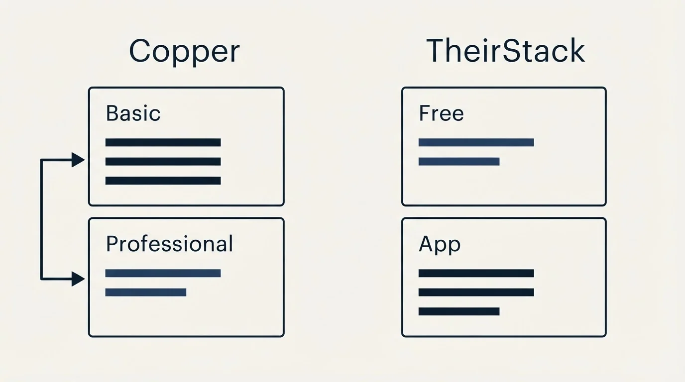 Pricing panels: Pricing Comparison (Copper, TheirStack, Basic, Free)