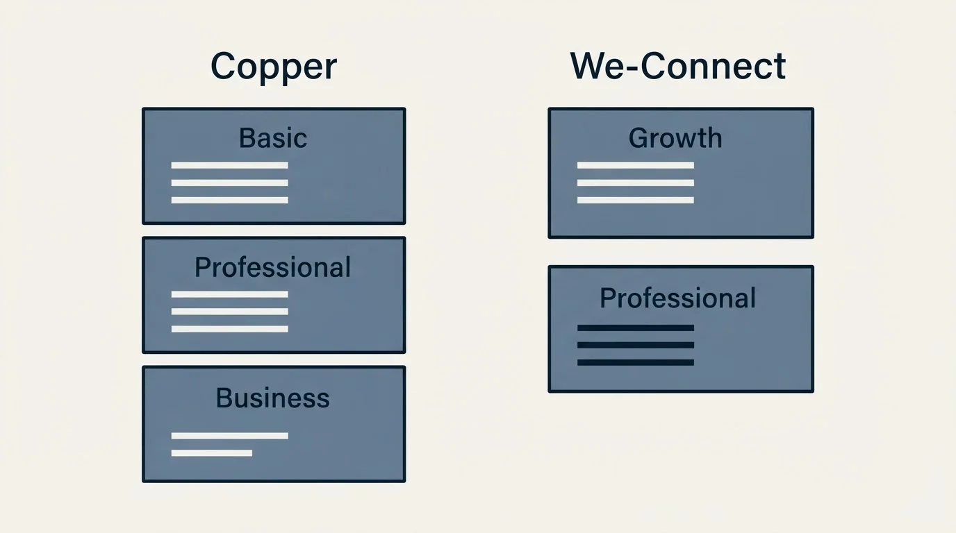 Pricing panels: Pricing Comparison (Copper, We-Connect, Basic, Growth)
