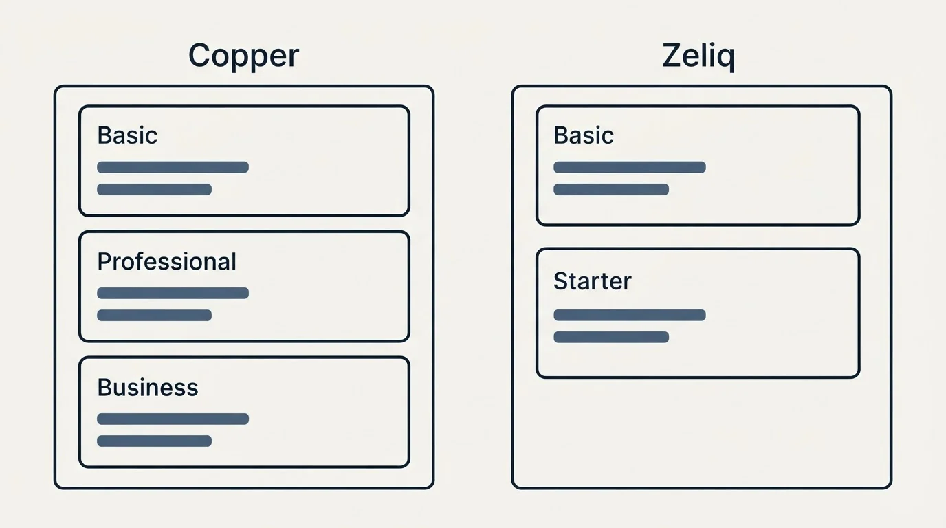 Pricing panels: Pricing Comparison (Copper, Zeliq, Basic, Professional)