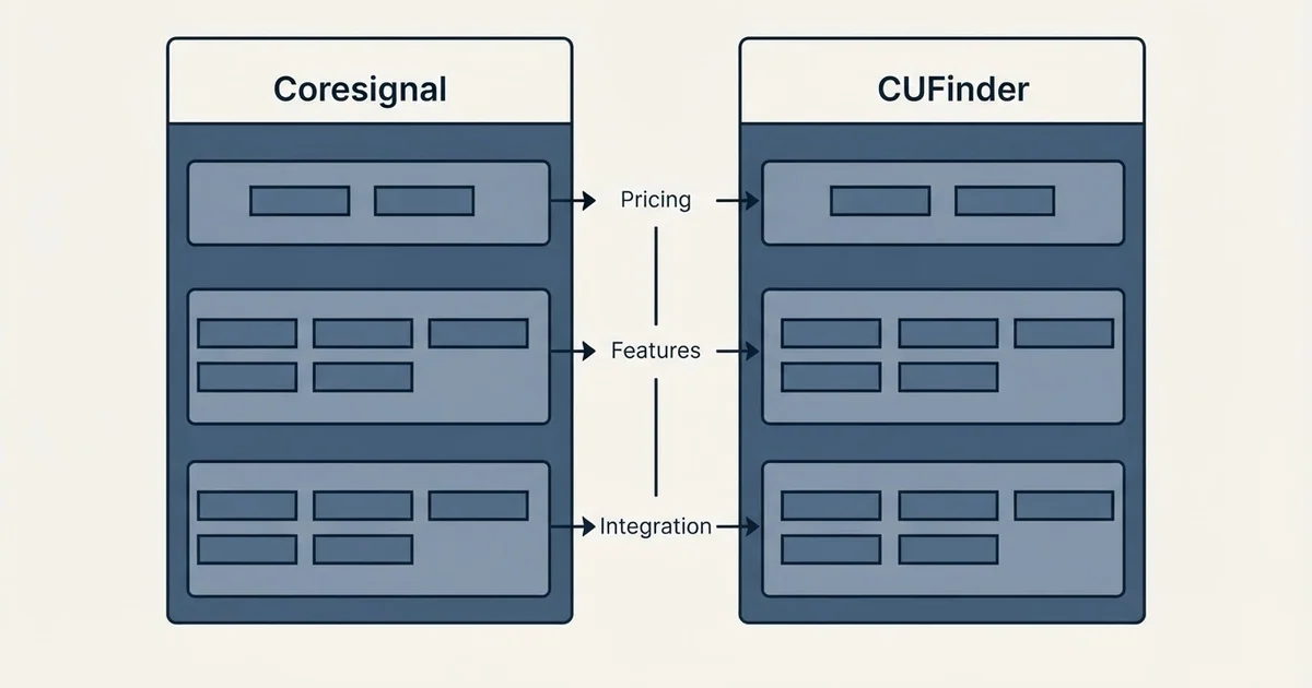 Comparison panel: Coresignal vs CUFinder (Pricing, Features, Integration)