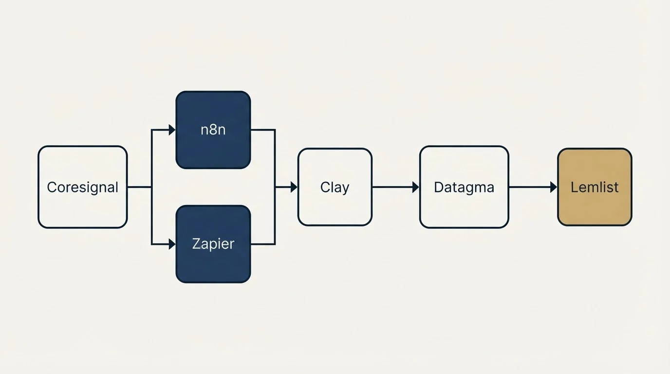 Integration flow: Integration Ecosystem (Coresignal, Datagma, Clay, n8n)