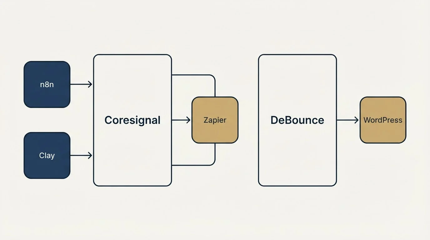 Integration schematic: Integration Ecosystem (Coresignal, DeBounce, Zapier, n8n)