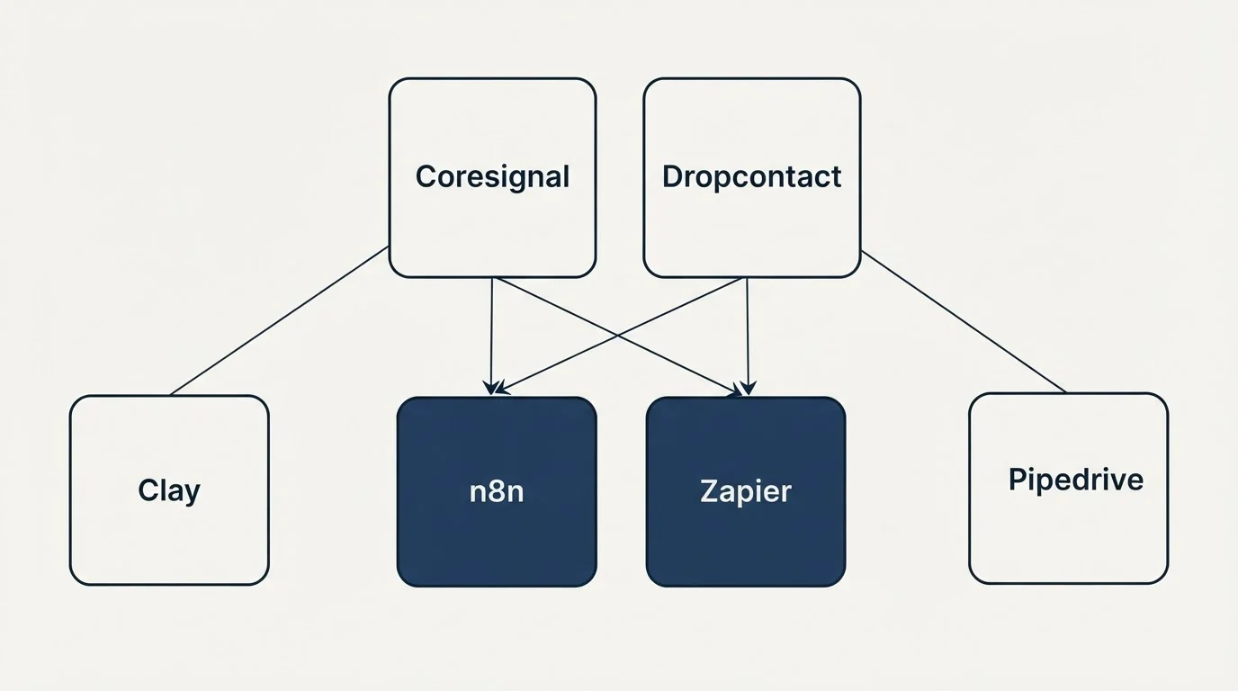 Integration grid: Integration Ecosystem (Coresignal, Dropcontact, n8n, Zapier)