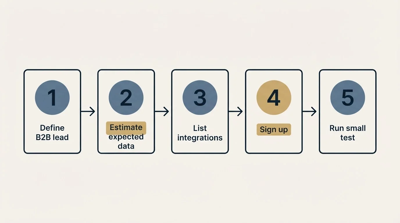 Step sequence: Getting Started Checklist (Define B2B lead, Estimate expected data, List integrations, Sign up)
