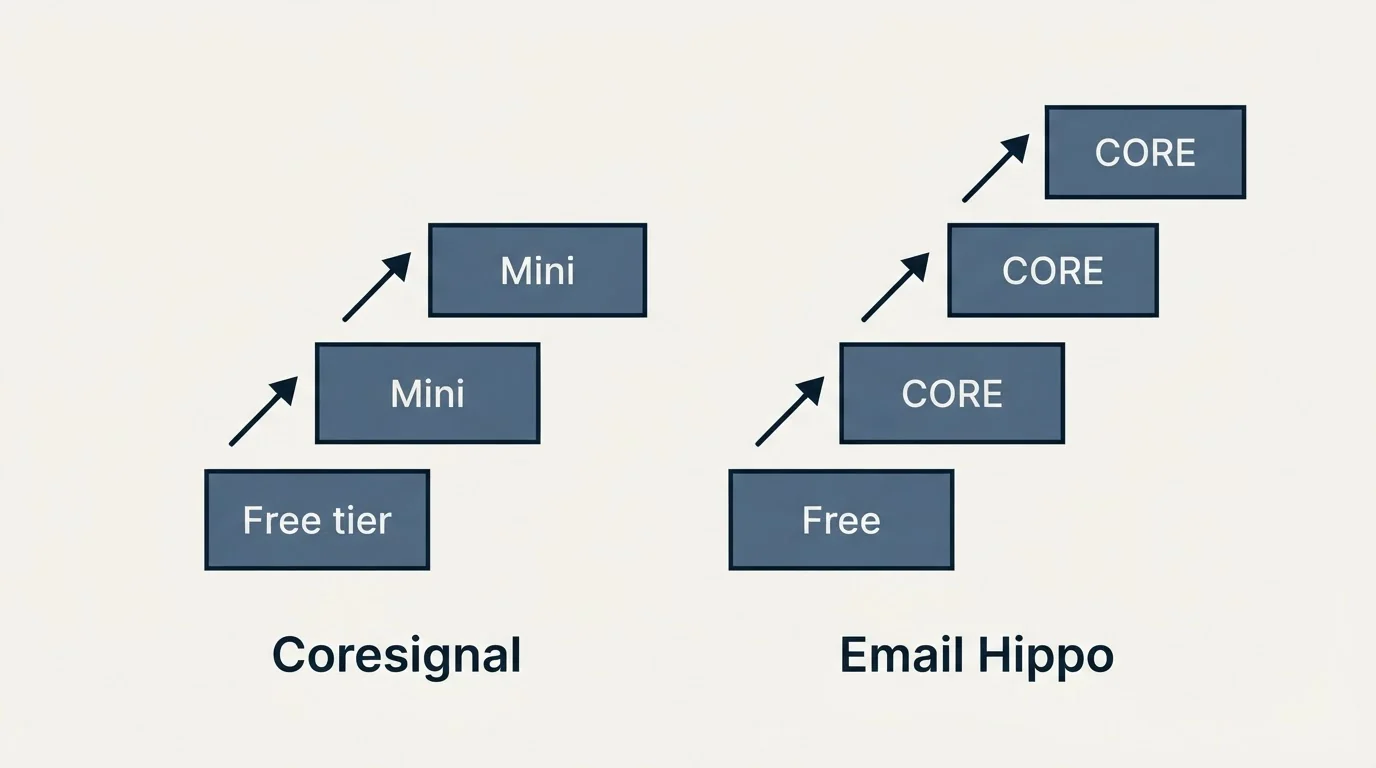 Pricing ladder: Pricing Comparison (Coresignal, Email Hippo, Free tier, Free)