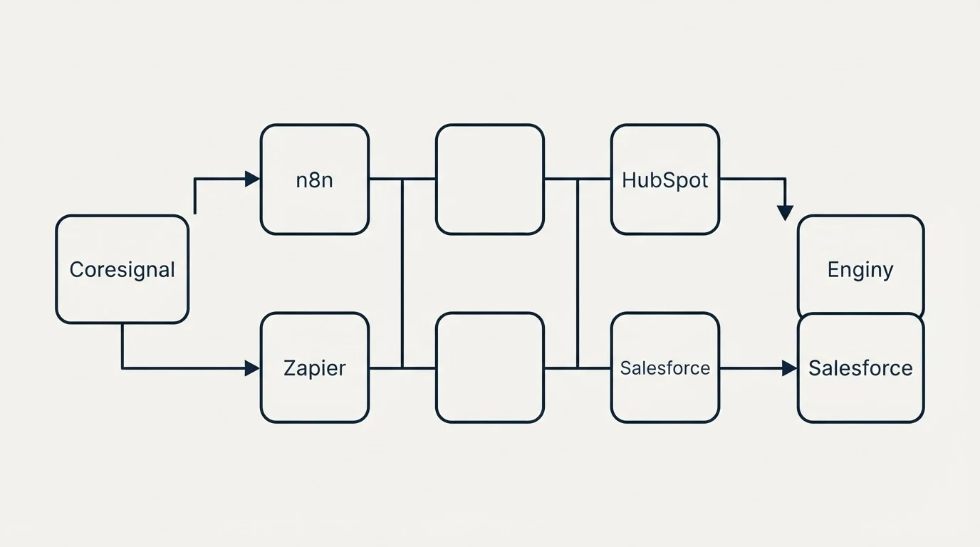 Integration flow: Integration Ecosystem (Coresignal, Enginy, n8n, HubSpot)