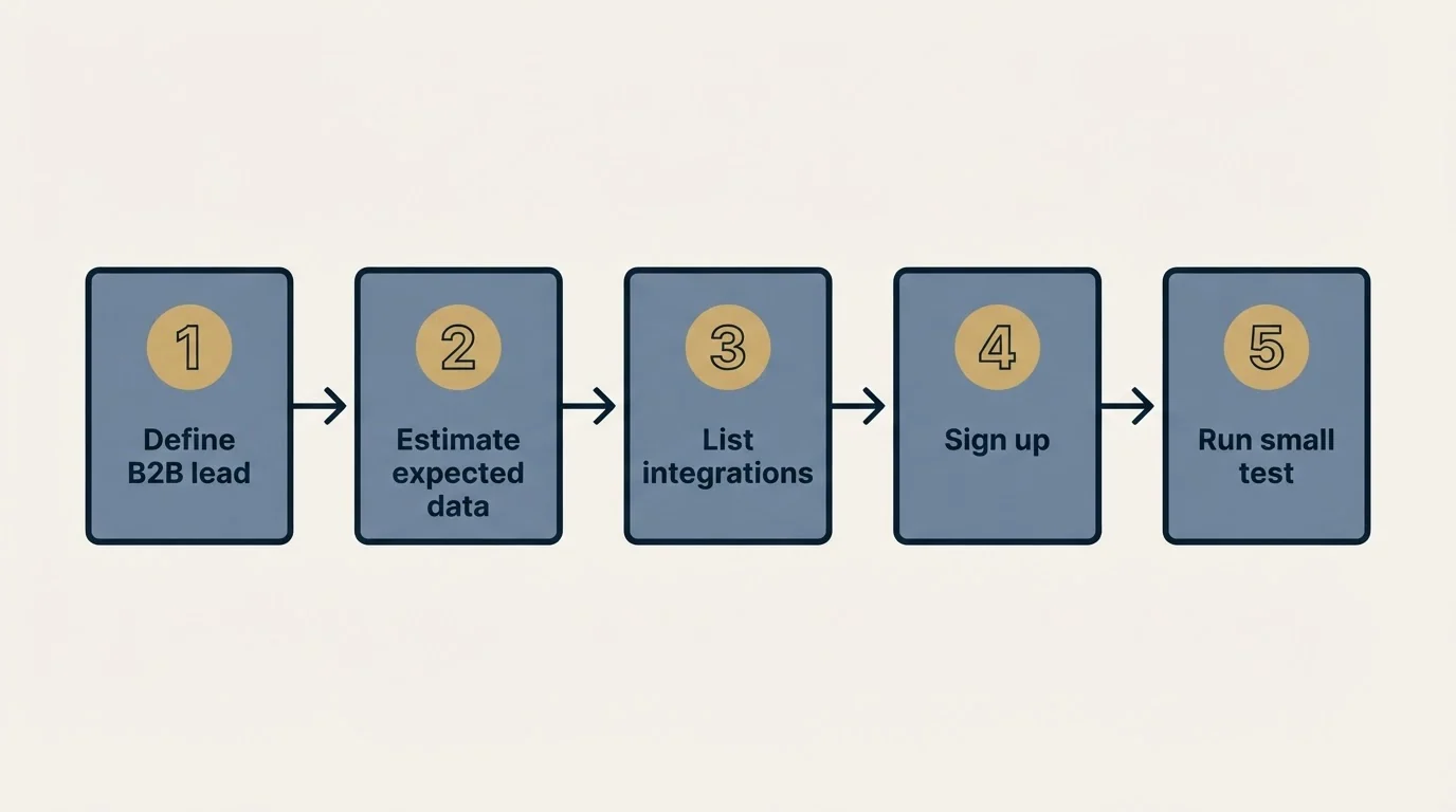 Step sequence: Getting Started Checklist (Define B2B lead, Estimate expected data, List integrations, Sign up)