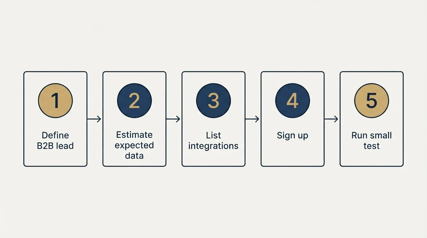 Step sequence: Getting Started Checklist (Define B2B lead, Estimate expected data, List integrations, Sign up)