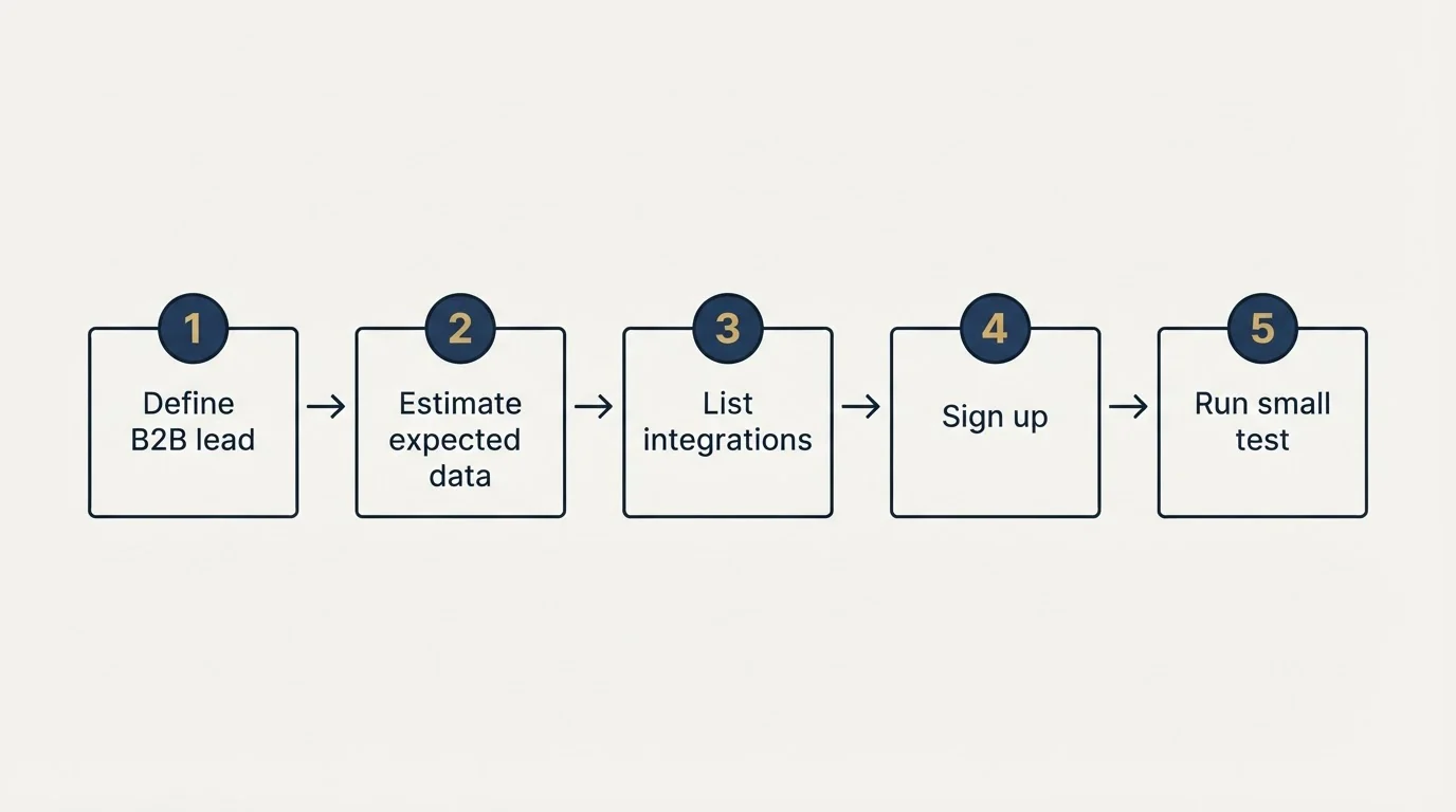 Step sequence: Getting Started Checklist (Define B2B lead, Estimate expected data, List integrations, Sign up)