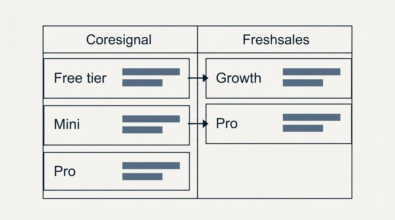 Pricing table: Pricing Comparison (Coresignal, Freshsales, Free tier, Growth)
