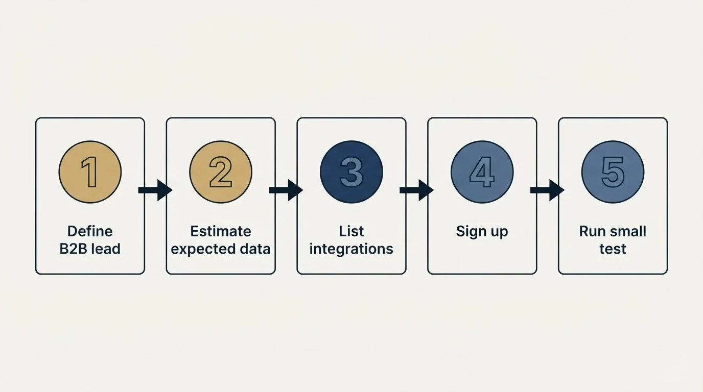 Step sequence: Getting Started Checklist (Define B2B lead, Estimate expected data, List integrations, Sign up)