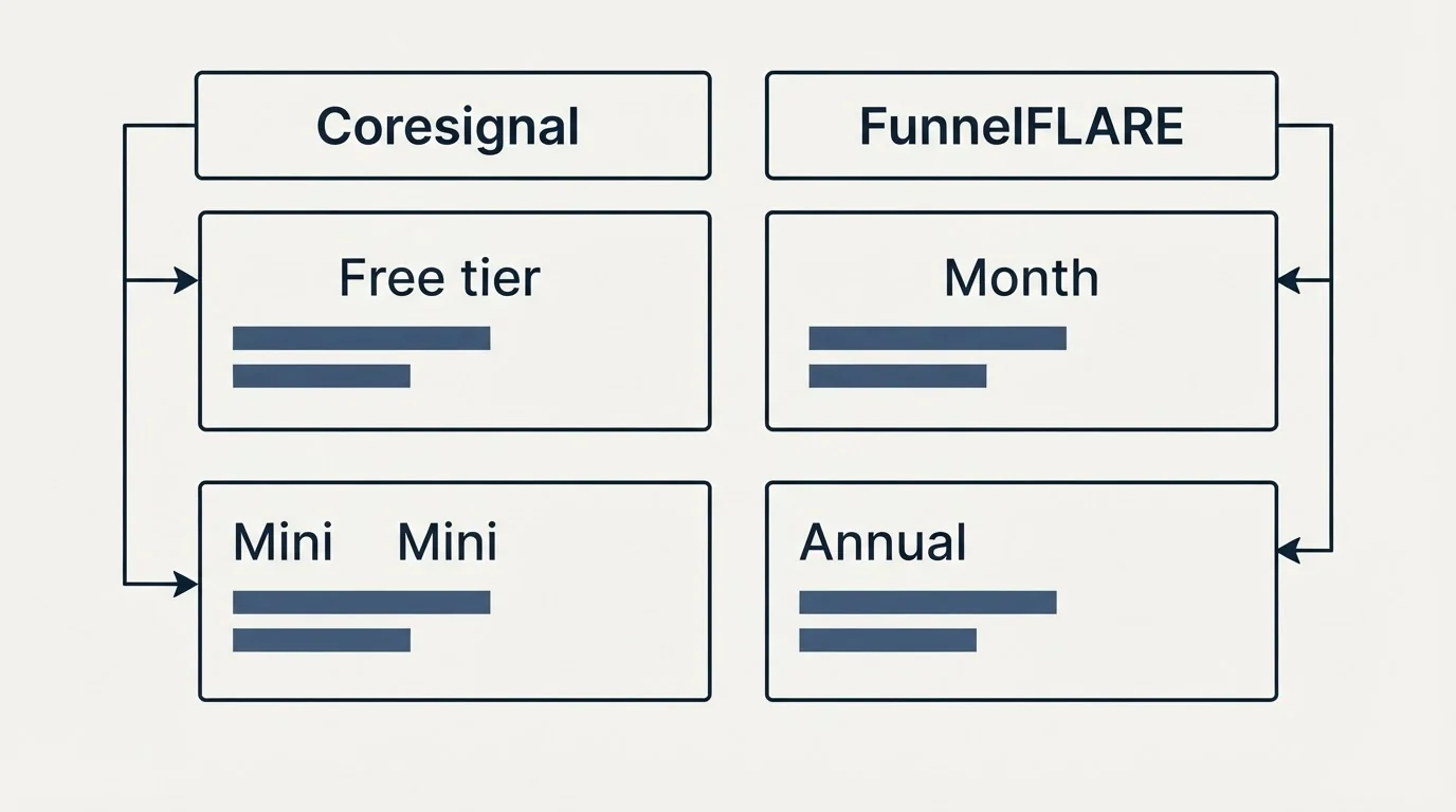 Pricing table: Pricing Comparison (Coresignal, FunnelFLARE, Free tier, Month)