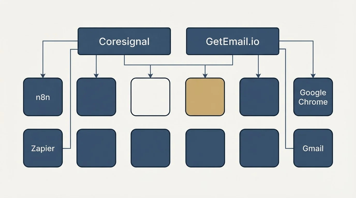 Integration grid: Integration Ecosystem (Coresignal, GetEmail.io, n8n, Google Chrome)