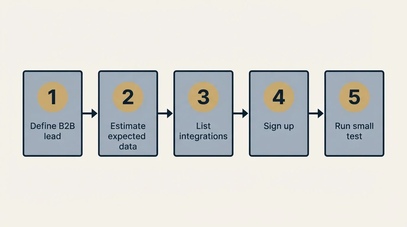 Step sequence: Getting Started Checklist (Define B2B lead, Estimate expected data, List integrations, Sign up)