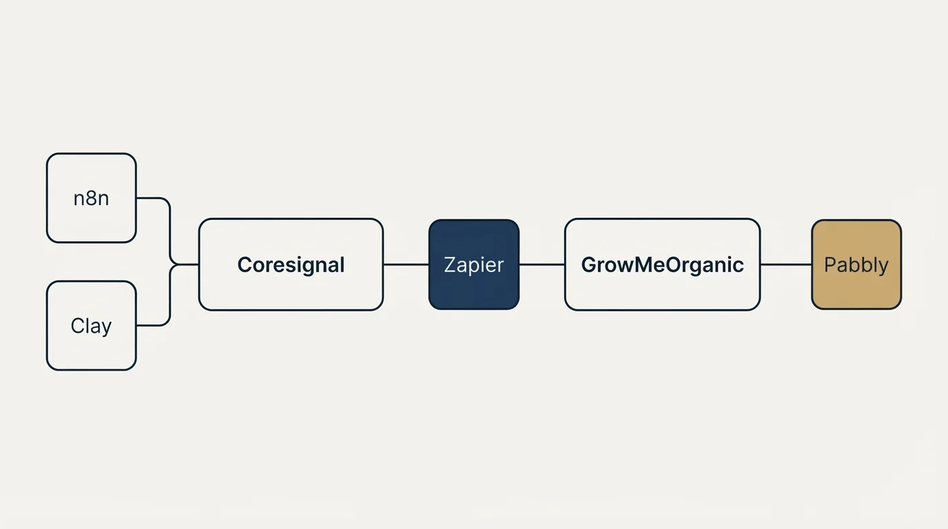 Integration flow: Integration Ecosystem (Coresignal, GrowMeOrganic, Zapier, n8n)