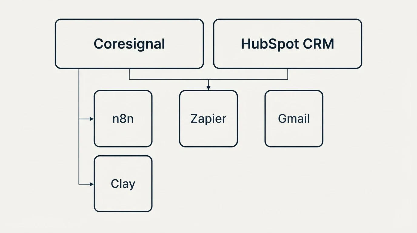 Integration grid: Integration Ecosystem (Coresignal, HubSpot CRM, Zapier, n8n)